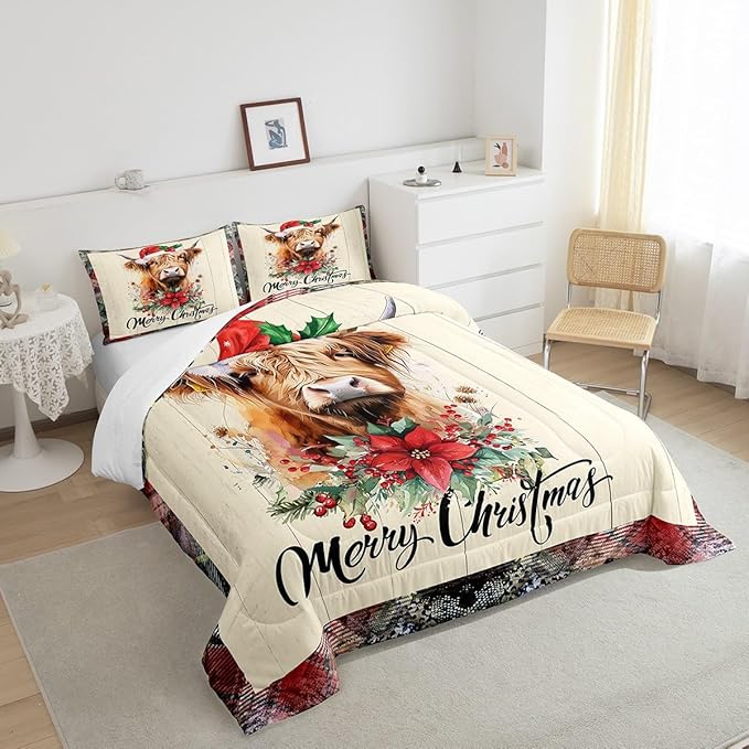 Castle Fairy Highland Cattle Comforter Set Twin Size,Merry Christmas Flowers Pine Trees Bedding Set for Kids Boys Men,Rustic Farmhouse Wooden Grid Plaid Quilted Duvet Set with 1 Pillowcase