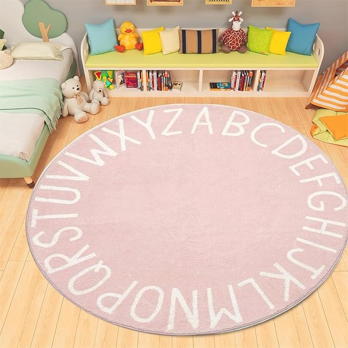 Round ABC Rug-2.6ft Children Education and Learning Fun Carpet, Alphabet Baby Crawling Mat,Fluffy and Comfortable Plush Floor Cushion Pink Sofa Cushion, for Playroom Classroom Decoration