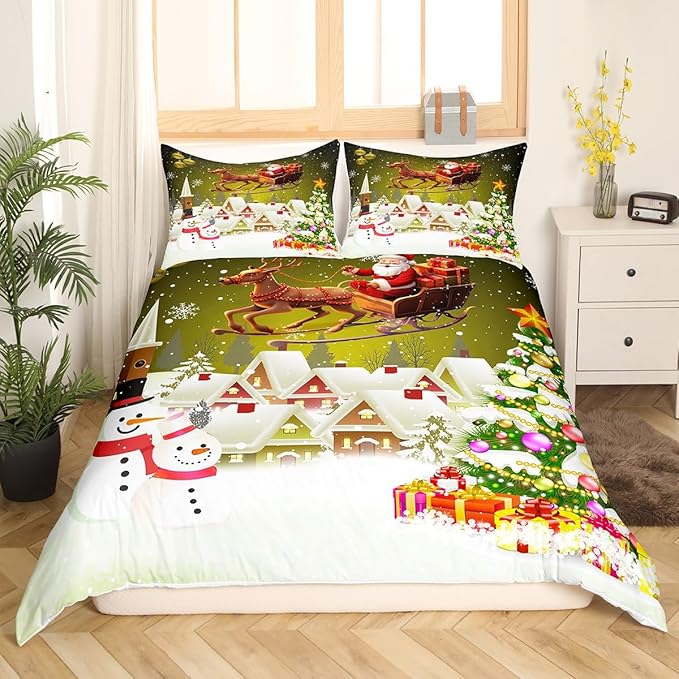 Manfei Christmas Duvet Cover Set King Size, Xmas Tree Snowman Comforter Cover with 2 Pillowcases, Santa Claus with Deer Bedding Set for Kids Boys Girls New Year Theme Bedspread Cover, No Comforter