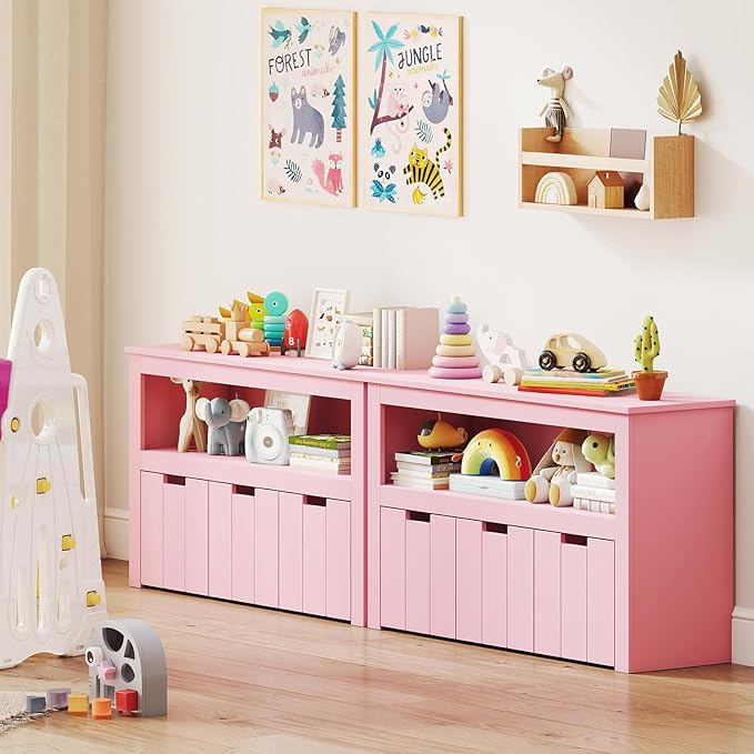 Costzon Toy Storage Cabinet, Toy Chest w/ 3 Removable Drawers, Wheels & Spacious Tabletop, Toddler Storage Organizer for Kids Room, Playroom & Nursery (Pink, 13" D x 40" W x 24.5" H (3 Drawers))