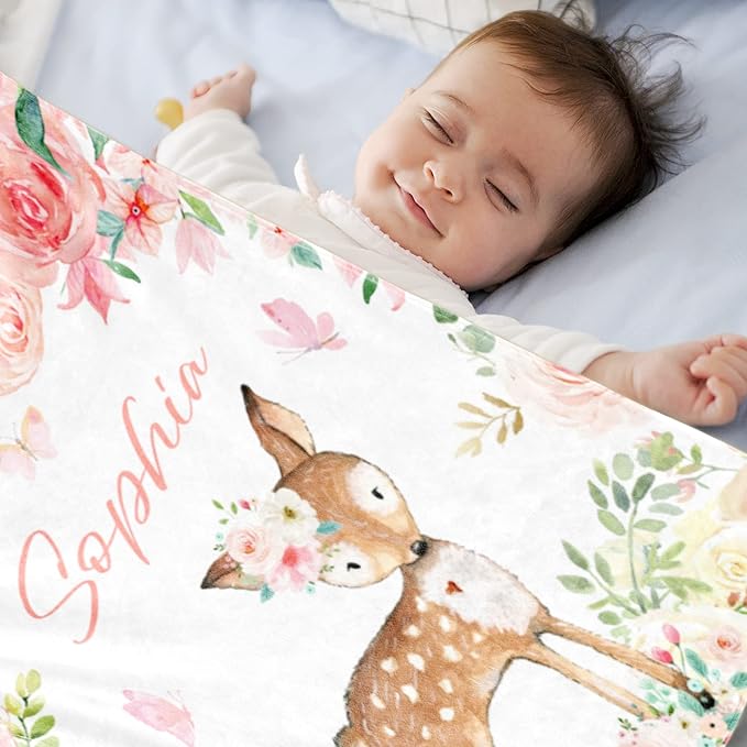 Personalized Deer Baby Blanket for Girl, Custom Name Blanket for Newborn Girl, Soft Flannel Toddler Blanket Customized Gift for Birthday Christmas Baby Shower 30" X 40"
