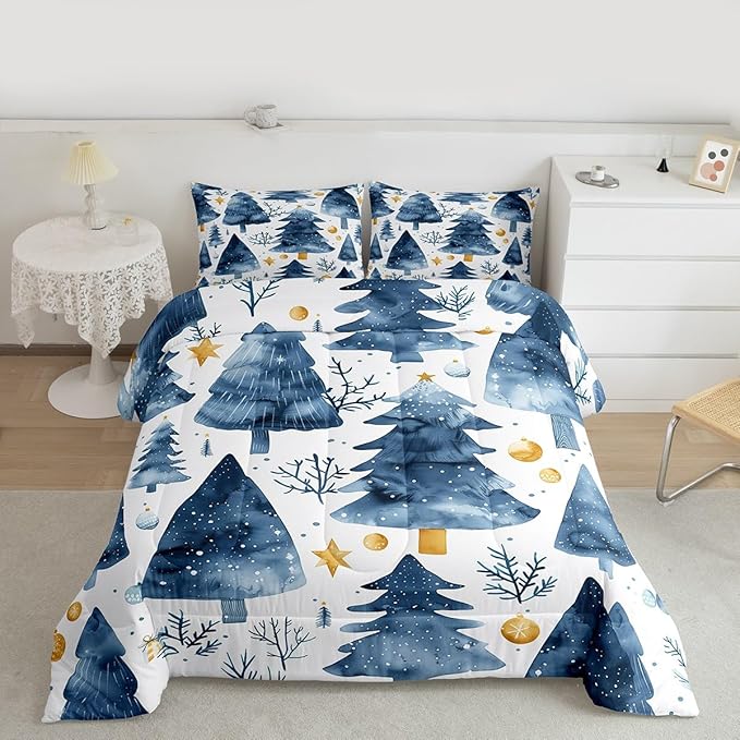 Feelyou Christmas Comforter Set All Season Xmas Tree Bedding Set with 2 Pillow Cases Watercolor Blue Microfiber Kids Queen Bedclothes Snowflake Bedroom Decor Duvet Quilt Breathable Soft Lightweight