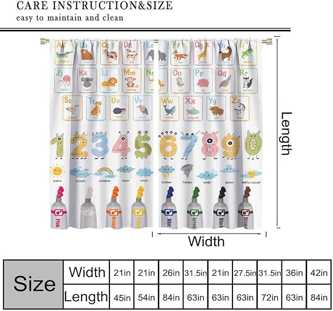 Alphabet Learning Curtain for Kids, Colorful Cartoon Animal Multiplication Table Educational, Classroom Child Printed Rod Pocket Window Drapes for Bedroom Living Room Decor 42" W X 45" L