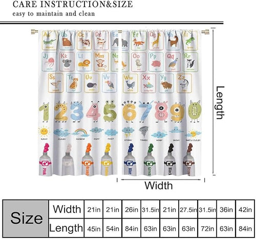 Alphabet Learning Curtain for Kids, Colorful Cartoon Animal Multiplication Table Educational, Classroom Child Printed Rod Pocket Blackout Window Drapes for Bedroom Living Room 63" W X 63" L