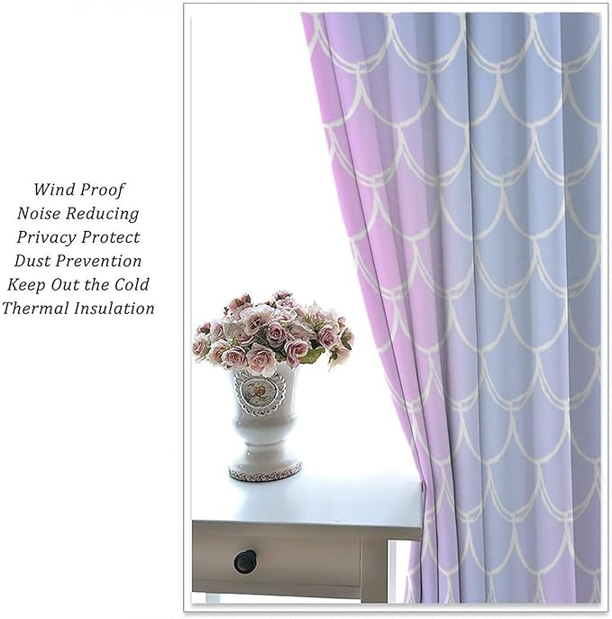 Fantasy Mermaid Curtain Rainbow Mermaid Scales Purple Pink Blue Ocean Theme Dream Blackout Window Treatment for Kids Boys Girls Bedroom Nursery Room Decor Rod Pocket Window Drapes 42x63in