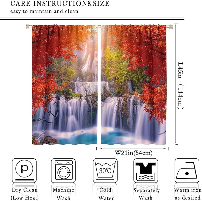 Forest Waterfall Blackout Windows Curtains, Autumn Red Green Maple Leaves Jungle Rainforest Natural Scenery Landscape Curtains, for Living Room Bedroom 42x45in 2 Panels