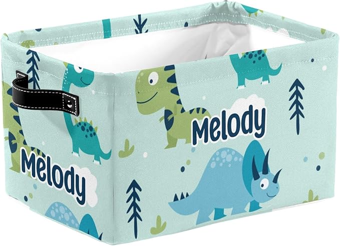 Deven Dinosaur Green Blue Personalized Large Storage Baskets for Organizing Shelves with Handle,Closet Decorative Storage Bins for Bathroom,Nursery,Home
