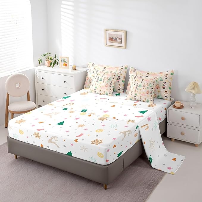 Erosebridal 7Pcs Beige Christmas Comforter Set Full Size,Princess Nutcracker Bedding Set,Xmas Tree Snow Bed in A Bag for Kids Boys Girls,Starry Sky Christmas Decoration Quilt with Flat Fitted Sheet