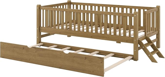 LUMISOL Twin Size Low Platform Bed Frame with Trundle, Wood Floor Bed with Ladder & Fence Guardrail for Kids Teens Girls Boys, No Box Spring Needed, Walnut