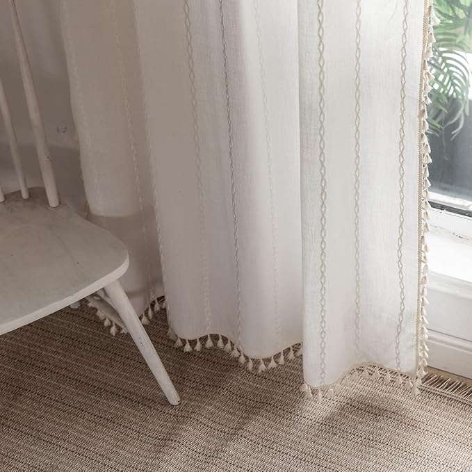 Deeprove White Boho Curtains 108 Inches Long for Bedroom Balcony Courtyard Hall Decor, Bohemian Embroidery Cream Cotton Linen French Country Window Treatment Tassel Drape, W52 x L108, 1 Panel