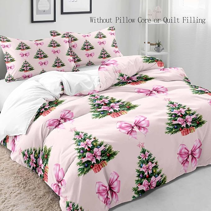 LUVIVIHOME 3PCS Pink Bow Christmas Tree Duvet Cover Full Bedding Set, Teen Girl Bedding, Light Pink Duvet Cover, Xmas Tree Winter Holiday Festival Coquette Christmas Comforter Cover, 2 Pillow Cases