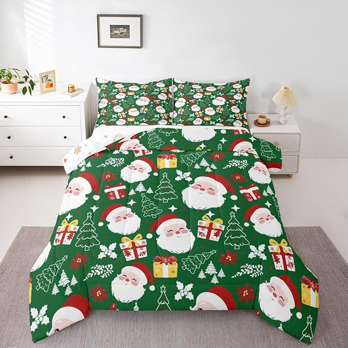jejeloiu Santa Claus Comforter Set Queen Size Merry Christmas Bedding Set for Kids Boys Girls Xmas Themed Duvet Quilt Green Bedroom Decor