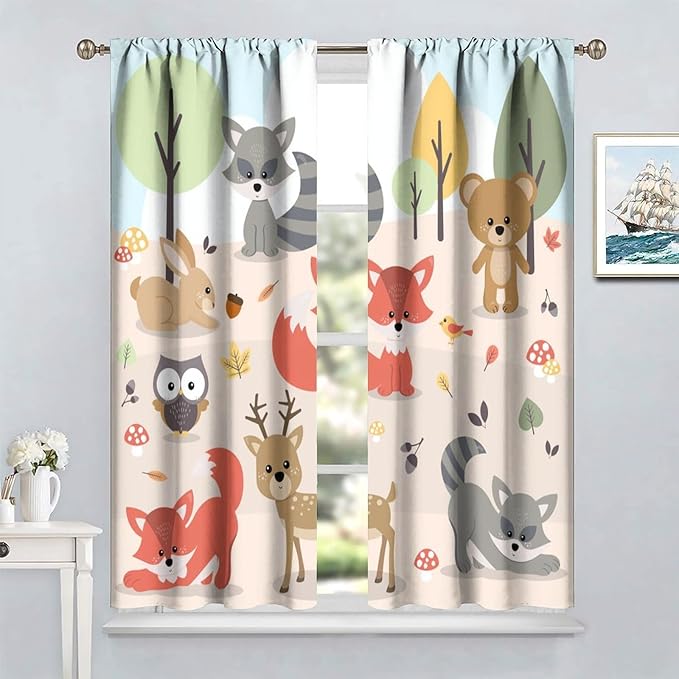 Kids Cartoon Forest Animal Curtains, Cute Woodland Animal Window Treatments for Bedroom Wildlife Fox Bear Deer Bunny Bird Blackout Window Drapes for Girls Boys Nursery Toddler Playroom 72x63in