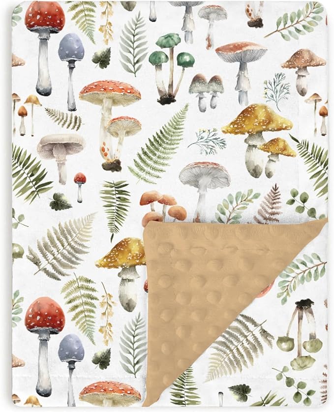Boho Mushroom Forest Baby Blankets for Girls Boys 30" x 40", Brown Soft Double Layer Minky Blanket with Dotted Fleece Back, Nursery Bed Receiving Quilt for Newborn Infant Toddler Shower Gift