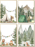 Kousne Woodland Adventure Nursery Canvas Wall Art Set of 4 Camping Animal Prints BearFox Rabbit Hiking PostersForest Mountain Themed Kids Room PictureNature Exploration Wall Decor Frameless 12x16In ﻿