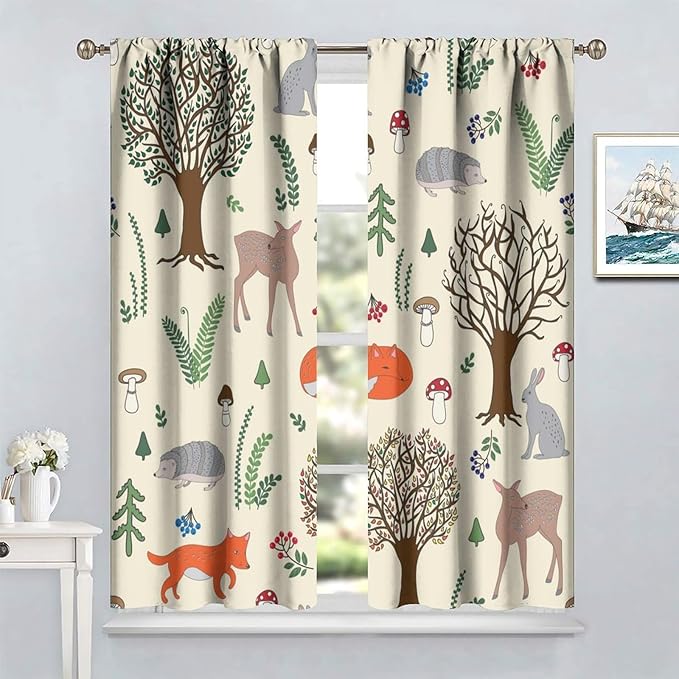 Kids Forest Animal Curtains, Rustic Cute Wild Animal Fox Deer Hedgehog Window Treatments Farmhouse Woodland Window Drapes for Girls Boys Nursery Toddler Bedroom 42x45in