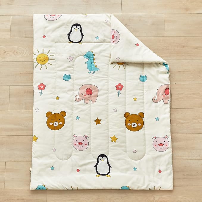 Flysheep 4 Piece Colorful Beige Toddler Bedding Set Happy Animals Printed for Baby Boys and Girls - Includes Quilted Comforter, Flat Sheet, Fitted Sheet & Pillow Case, Soft & Comfortable Microfiber
