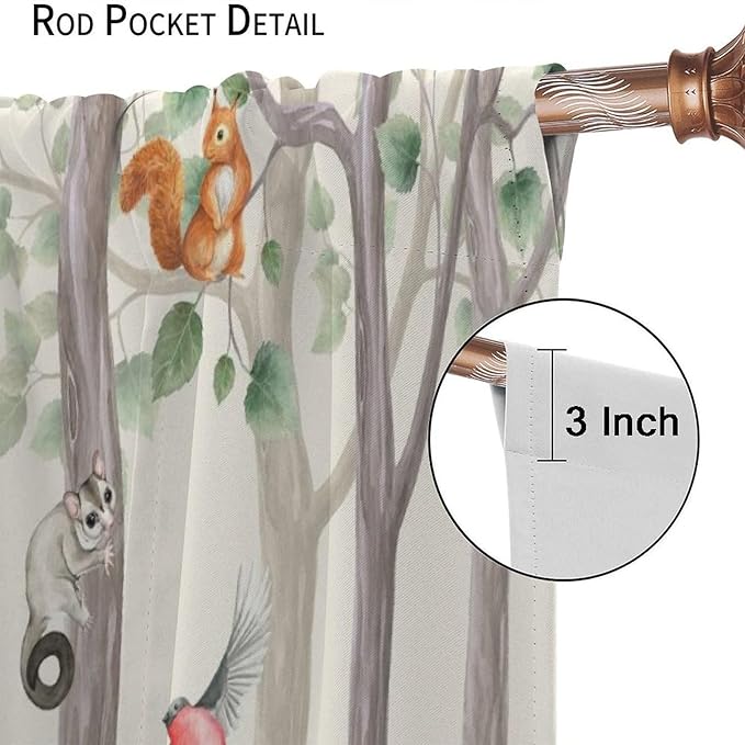 Woodland Animal Curtains, Cartoon Wild Rustic Forest Animals Pattern Blackout Window Treatments, Rod Pocket Thermal Insulated Drapes 2 Panel Sets for Kids Bedroom Nursery Classroom, 63" W X 63" L