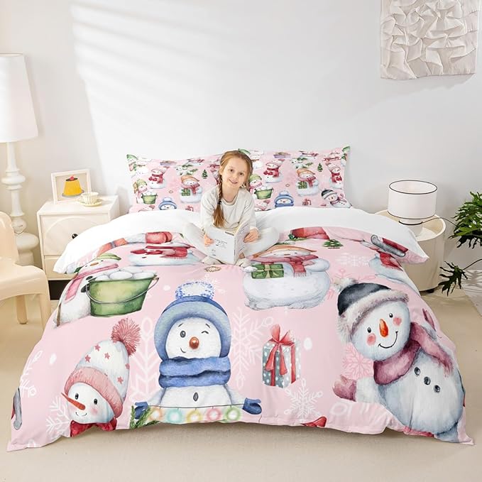 Manfei Christmas Duvet Cover Set Full Size, Cute Snowman Dogs Snowflake Comforter Cover with 2 Pillowcases, New Year Pink Bedding Set 3pcs for Kids Boys Girls Lightweight Bedspread Cover,No Comforter