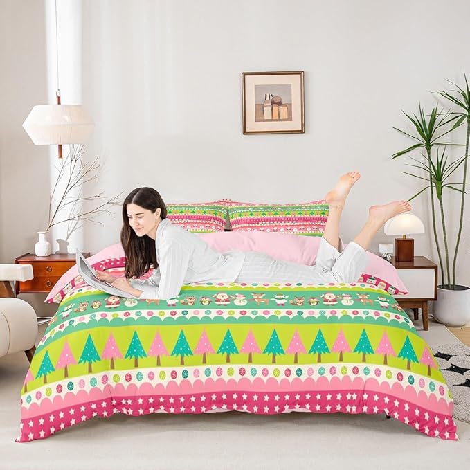 Christmas Bedding Set Cute Fox Santa Claus Polar Bear Comforter Cover for Kids Boys Girls Teens Christmas Tree Duvet Cover Breathable Pink Dots Stripe Bedspread Cover Room Decor Quilt Cover Full Size