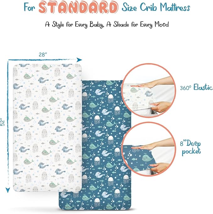 Threadmill Organic Baby Crib Sheets for Boys & Girls | 100% Organic Cotton Fitted Crib Sheet for Standard Crib Mattress | 2 Pack Unisex Cozy Toddler Sheets, Machine Washable | Seagem