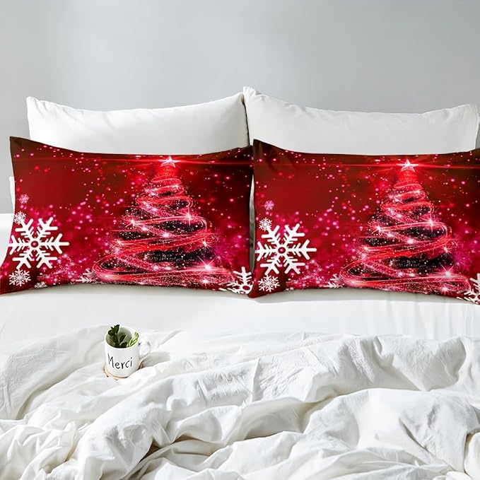 Manfei Red Xmas Tree Duvet Cover Set Twin Size, White Snowflake Print Bedding Set 2pcs for Kids Boys Girls Bedroom Decor, Christmas Theme Comforter Cover with 1 Pillowcase,No Comforter