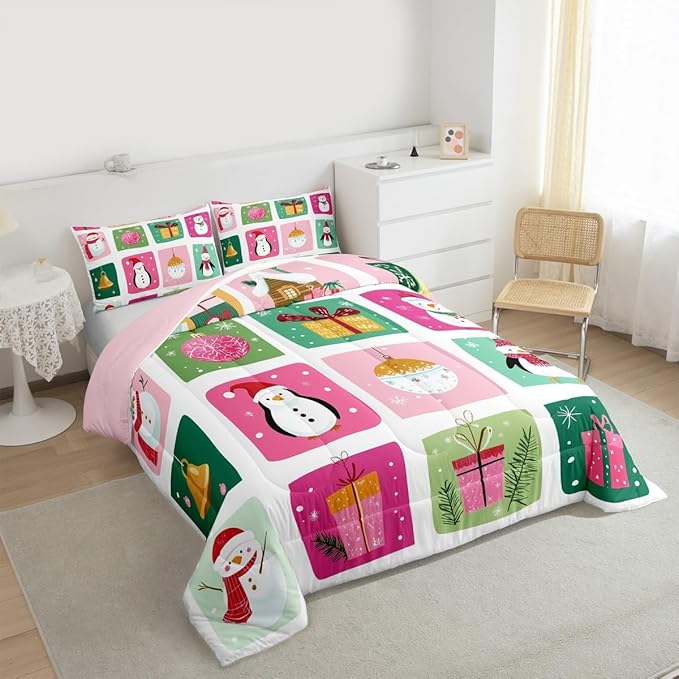 Feelyou Happy New Year Bedding Set Soft for Boys Girls, Christmas Decor Comforter Set King Size Merry Christmas Duvet Quilt Microfiber Winter Penguin Bedroom Decor 3 Pcs with 2 Pillow Cases