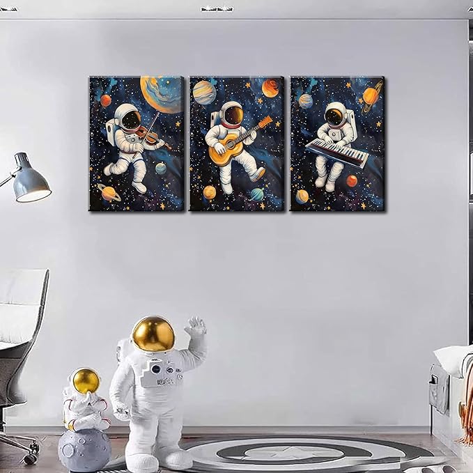3Pcs Space Astronaut Musiic Canvas Wall Art Cute Astronaut Musician Decor Pictures Funny Piano Guitar Violin Posters Prints for Boys Room Girls Room Kids Room Nursery Decoration
