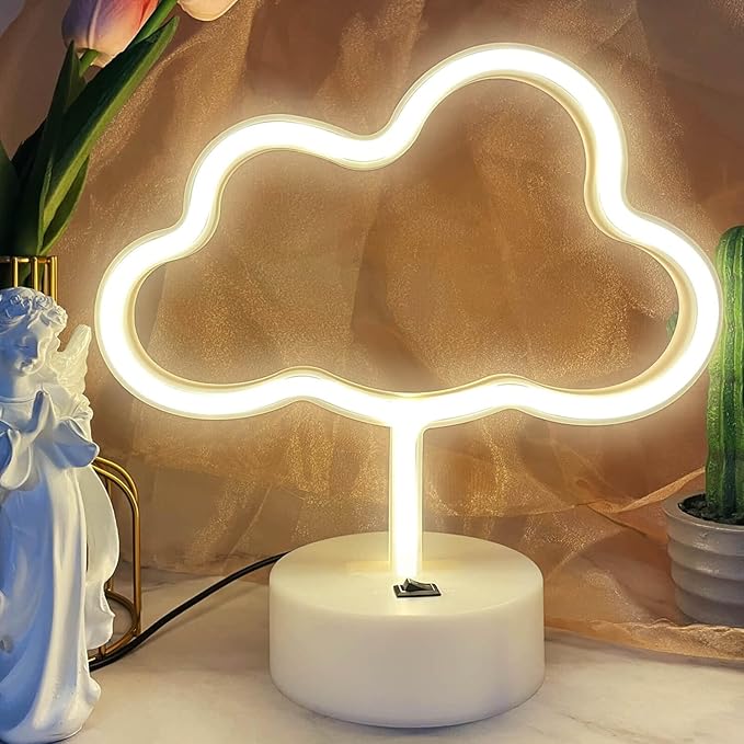Cloud Neon Sign Led Light for Bedroom, Warm White Room Decor USB/Battery Operated, Aesthetic Stand for Girls Boys Party Birthday Christmas Gifts