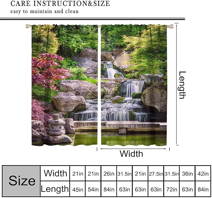 View Waterfall Blackout Curtains, Forest Waterfall Retro Style Natural Scenery Garden Art Landscape Rod Pocket Window Drapes, for Living Room Bedroom 42" W X 45" L