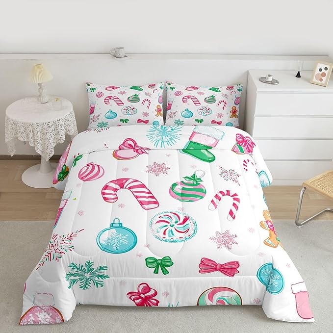 Feelyou Candy Cane Comforter Set Full Size Christmas Ornament Bedding Set for Kids Boys Girls Snowflake Duvet Quilt Festive Bow Bedroom Decor Christmas Stocking Microfiber 3 Pcs with 2 Pillow Cases