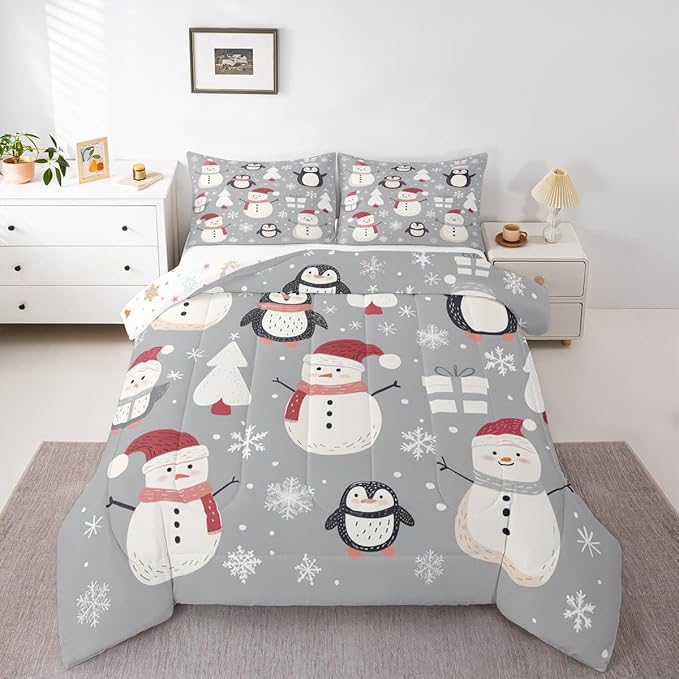 Feelyou Christmas Comforter Set Toddler Size Snowman Snowflake Bedding Set for Kids Boys Girls Penguin Duvet Quilt New Year Gift Bedroom Decor Microfiber 2 Pcs with 1 Pillow Cases