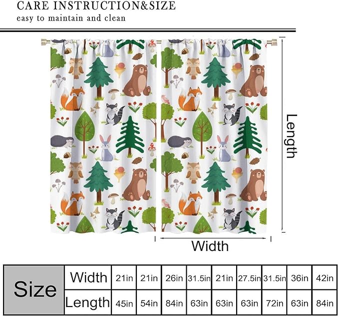 Jungle Animal Curtains, Woodland Animals Forest Pattern Window Treatments, Rod Pocket Thermal Insulated Drapes 2 Panel Sets for Kids Room Nursery Classroom, 42" W X 45" L[Decor]