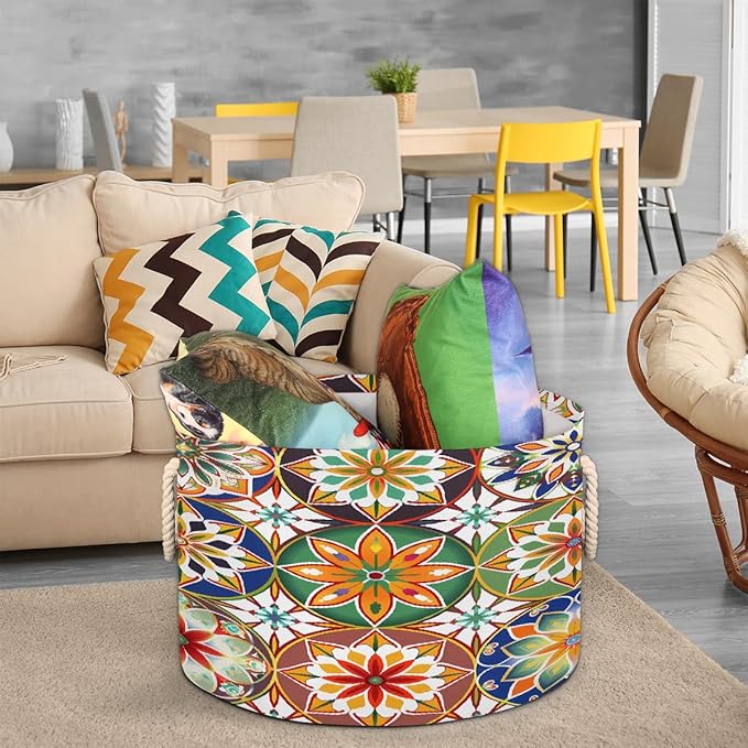 Colorful Geometric Mandala Round Storage Basket for Laundry & Toys, Lightweight Fabric Laundry Hamper with Handles, Foldable Large Organizer Bin for Bedroom Bathroom Nursery Dorm