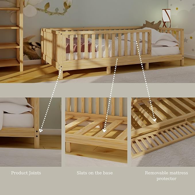 Montessori Floor Bed Designed with Open Front for Girls and Boys | Pine Wood Natural Solid Frame Beds Footed Model with Slats | Sturdy Designed Floor Bed Frame for Kids (Crib, Height : 23 Inches)