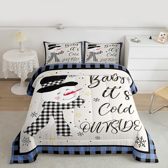 Christmas Snowman Kids Comforter Set Queen Size,Snowflake Christmas Holiday Bedding Set,Girls Boys Adults Xmas Decor,Geometric Grids Lattices Down Comforter,Blue Rustic Duvet Insert,2 Pillowcases