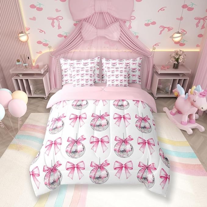 7 Pieces Cartoon Bowknot Kid Comforter Set King,Bow Tie Butterfly Knot Princess Bedding Set,Western Cowgirl Disco Ball Retro Pink White（Comforter+Fitted+Flat Sheet+2 Pillowcases+2 Throw Pillow Covers）