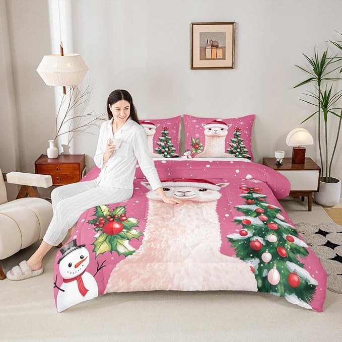Feelyou Merry Christmas Bedding Set Soft for Boys Girls, Cute Llama Comforter Set Toddler Size Snowflake Duvet Quilt Microfiber Christmas Tree Bedroom Decor 2 Pcs with 1 Pillow Cases