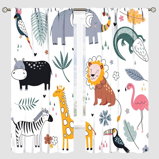 YCness Cartoon Forest Animals Curtains, Woodland Woodland Wild Giraffe Zebra Lion Hippopotamus Window Treatments for Kids Bedroom Living Room Home Nursery Drapes, 42x63 Inch