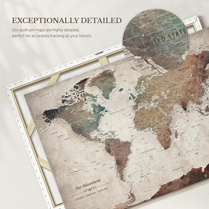 ElephantStock - Our Adventures World Map With Push Pin Iii Wall Art - Horizontal Canvas Wall Art - Living Room Wall Decor - Printmaking Map Canvas Art - Beige And Brown Decor - 24" x 16"