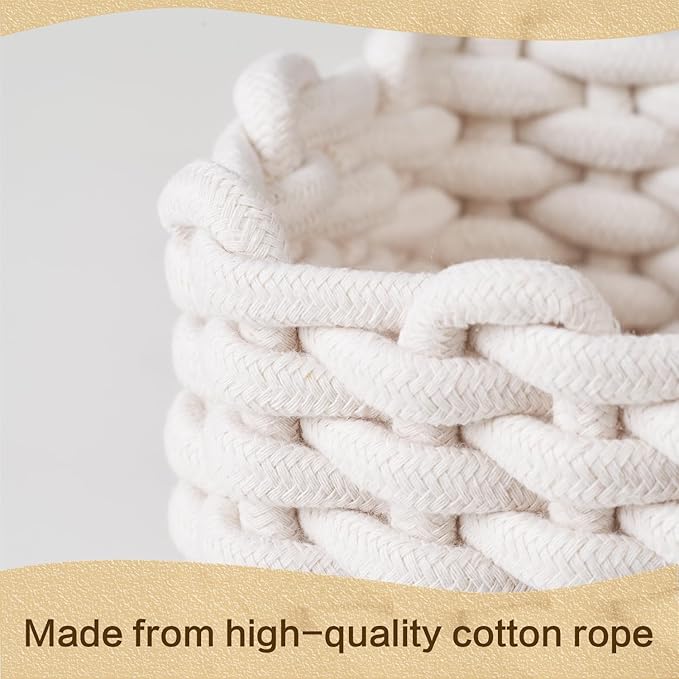 Small Storage Square Basket for Organizing, Cute Bedside Caddy for Little Items, Cotton Rope Woven Basket for Shelves, Bathroom, Dresser Top, Desk, Minimalist Chic Design for Nursery, Bedroom, Office