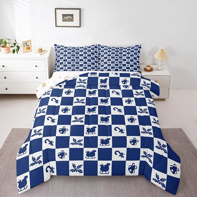Feelyou Christmas Comforter Set All Season Checkered Pattern Bedding Set with 2 Pillow Cases Holiday Theme Kids Full Bedclothes Xmas Decor Room Decor Blue Duvet Quilt Breathable Soft Lightweight