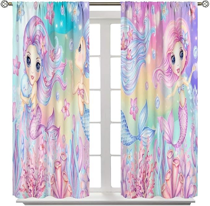 Cartoon Mermaid Kids Curtain Fantasy Ocean Theme Coral Flower Floral Window Treatment for Kids Girls Bedroom Nursery Room Decor Rod Pocket Blackout Window Drapes 55x63in