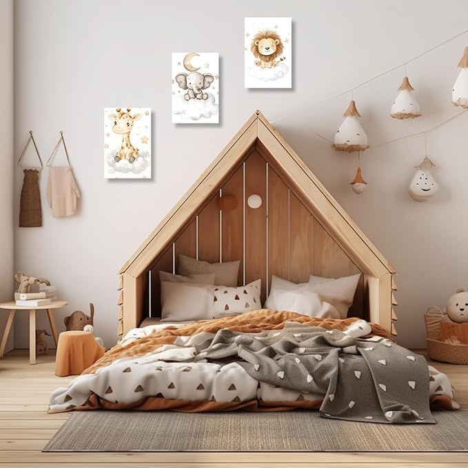 DOARTDO Nursery Animal Canvas Wall Art Baby Animal Pictures 3 Pieces Cute Elephant Lion Giraffe Print Painting Kids Room Nursery Decor Frame (20x28inchx3Pcs)