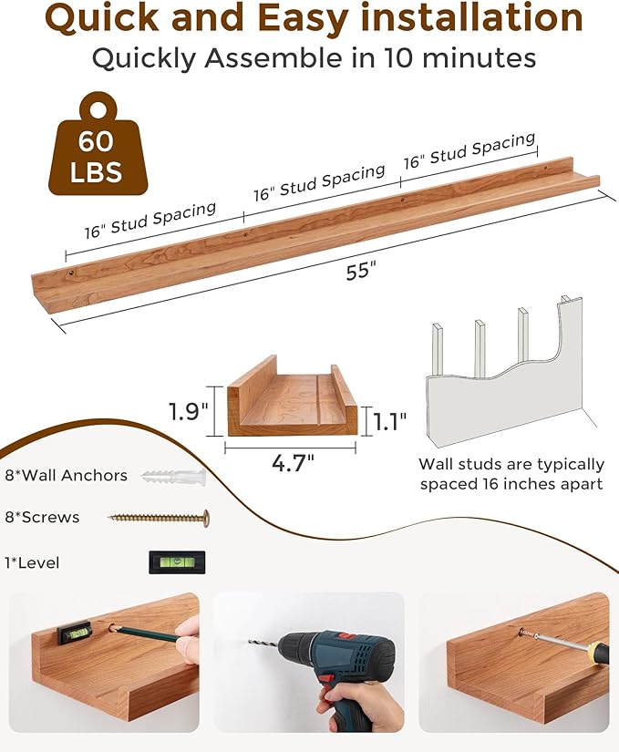 Axeman Cherry Picture Ledge Shelf, 55 Inch Floating Shelves Set of 2, Solid Wood Wall Shelves with Lip, Wall Decor Storage for Bedroom Living Room Bathroom Kitchen Nursery Photo, Natural Cherry