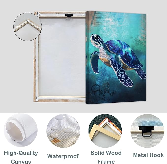 AWPANERAR Sea Turtle Wall Art Bathroom Pictures Watercolor Sea Life Canvas Prints Ocean Animal Poster Nautical Theme Artwork for Kids Room Nursery Decor Framed (Blue, (30L x 20W))