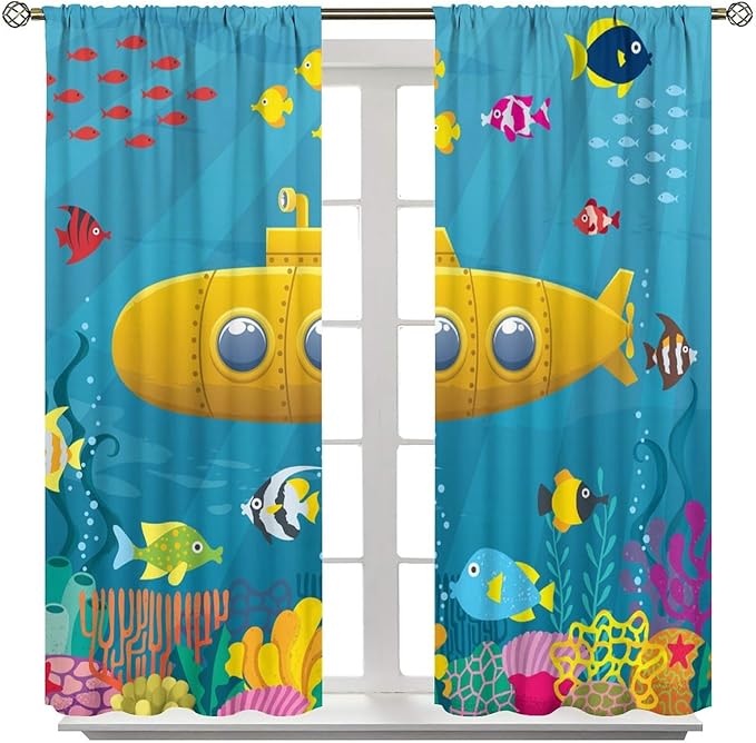 Boy Window Curtains Submarine Window Drapes Yacht Window Treatments Underwater World Oasis Thermal Drapes for Kids Girls Toddler Teens Room Dorm Decor Set 2 Panels,42x63 Inches, Style-1