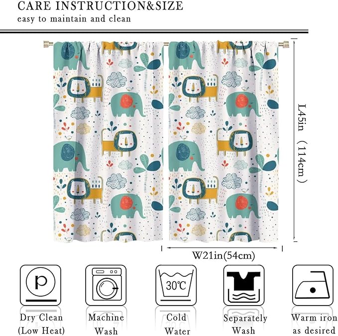 Cute Lions Blackout Curtains for Kids Bedroom,Cartoon Tropical Plants Birds Elephants Print Pattern Window Drapes,Funny Animal Thermal Insulation Curtain for Nursery Baby Room 42x45 Inch