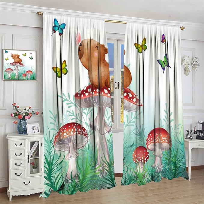 Cartoon Animals Curtains, Cute Butterfly Capybara Blackout Window Treatments, Rod Pocket Thermal Insulated Drapes 2 Panel Sets for Kids Bedroom Nursery Classroom, 72" W X 63" L
