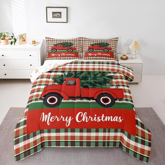 Feelyou Merry Christmas Kids Comforter Set Queen Size Christmas Tree Bedding Set Snowflake Duvet Quilt for Kids Boys Girls Bedroom Winter Decor Microfiber Ultra Soft Breathable